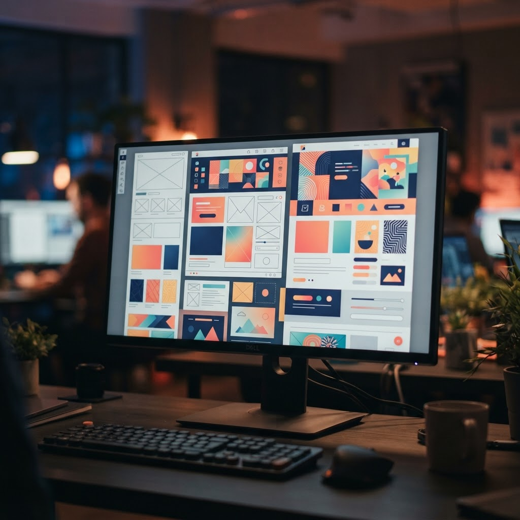 Close-up of a monitor displaying an abstract colorful website design layout